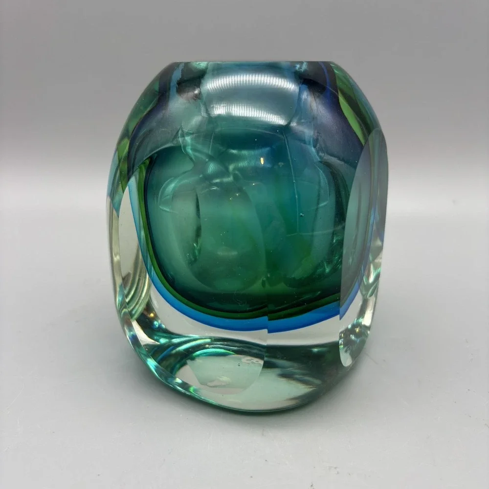 Murano Art Glass Sommerso Vase Geometric Mid Century Modern Italy Green Blue